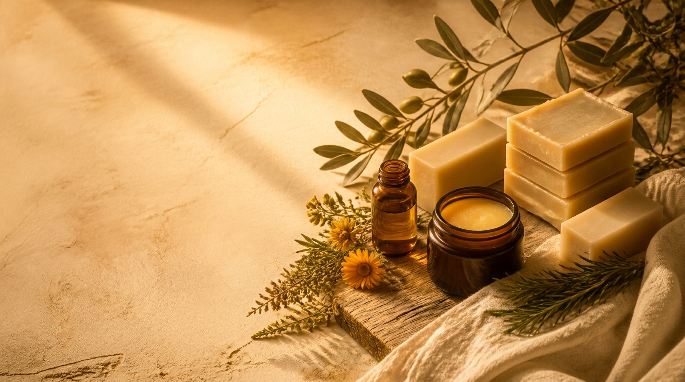 Best-selling Olive & Tallow soaps and tallow balms arranged together