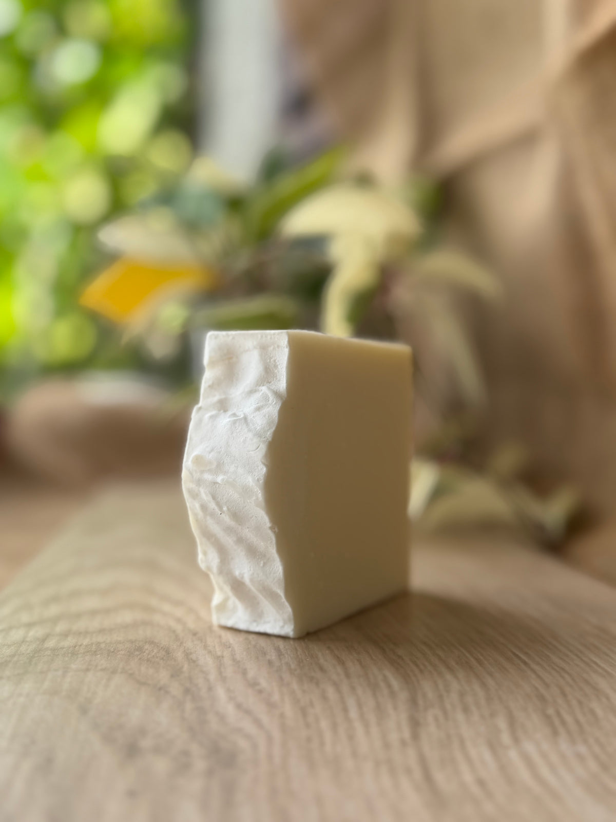 A rectangular bar of handmade soap with a rough, textured white outer edge and a smooth cream-colored inner face, standing on a light wood surface with a soft-focus background of green foliage and beige fabric.