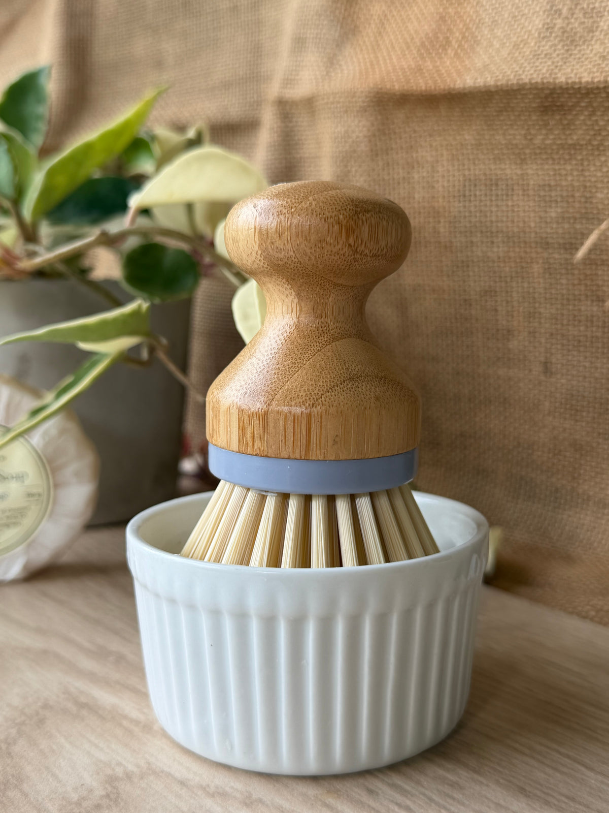A bamboo-handled cleaning brush with light natural bristles and a pale blue band, resting in a white ribbed ceramic holder on a wooden surface with a burlap backdrop and plant leaves in the background.