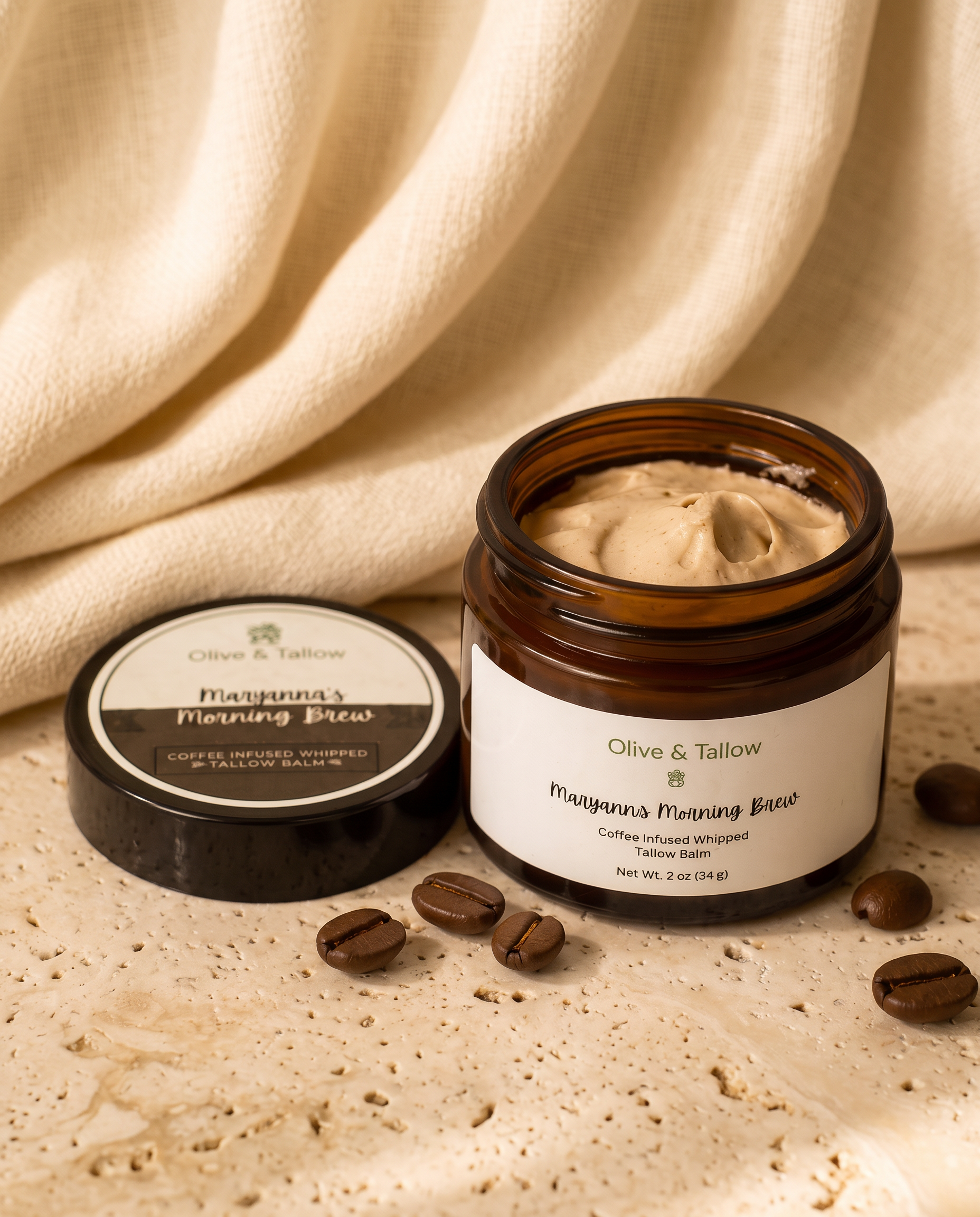 Maryanne’s Brew coffee tallow balm jar by Olive & Tallow