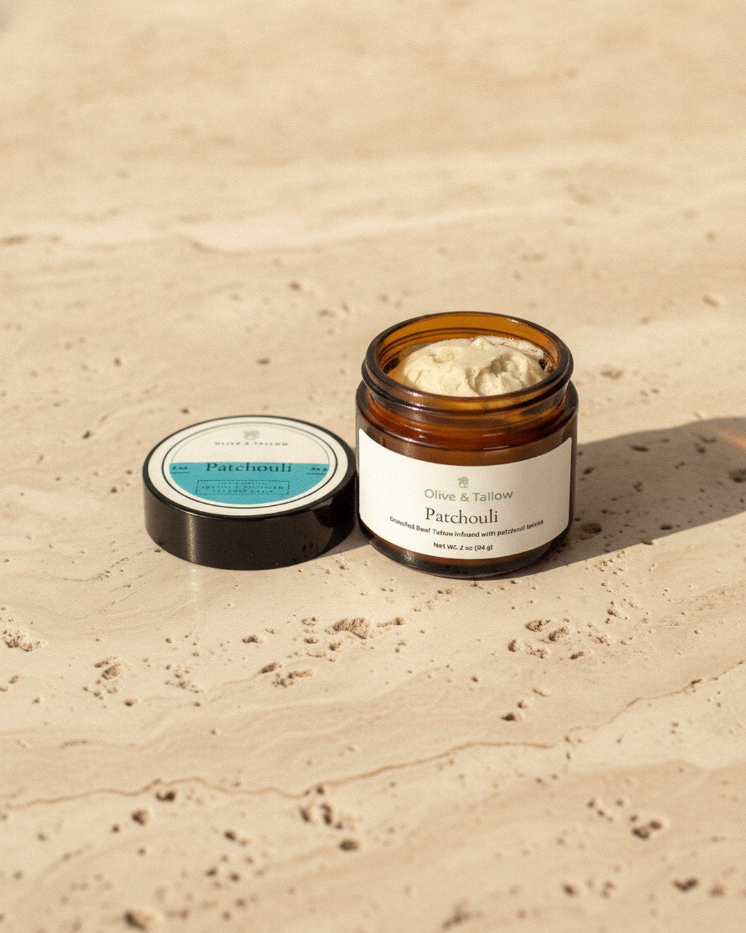 Patchouli tallow balm glass jar by Olive & Tallow