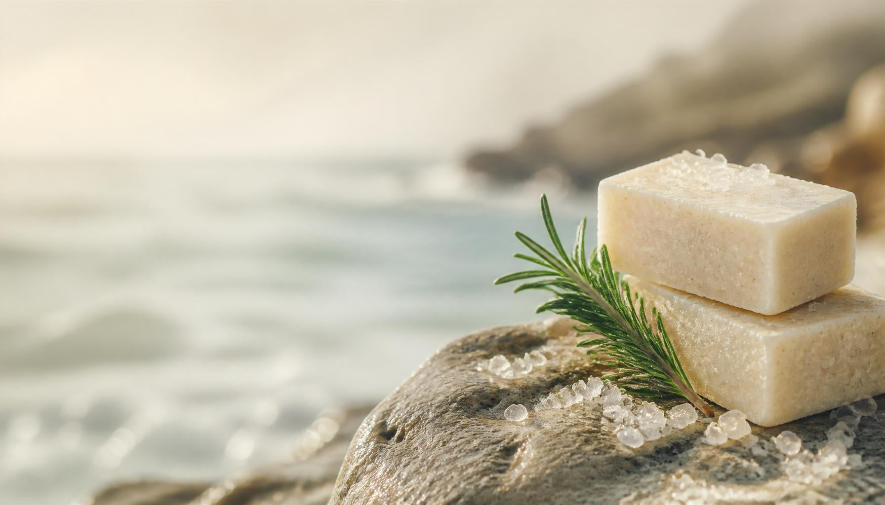Mineral-rich sea salt soap bars by Olive & Tallow on a stone surface