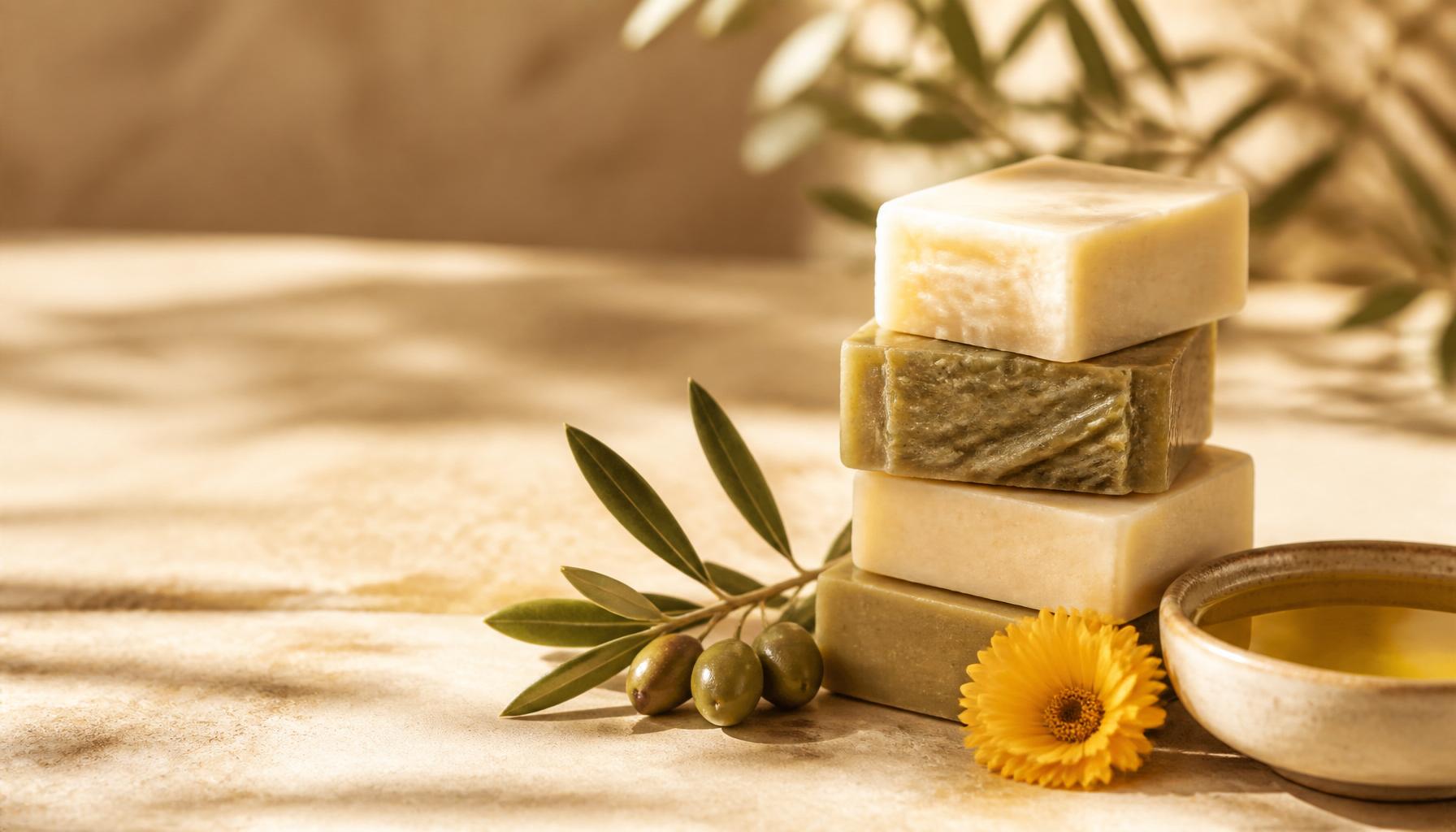 Stack of cold-process olive oil soap bars by Olive & Tallow