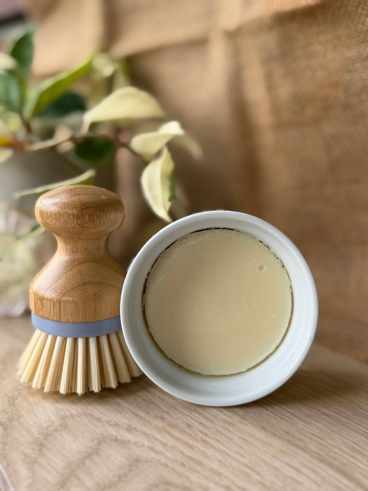 A small wooden-handled brush with natural bristles and a light blue band, placed beside a white bowl containing pale yellow cream, on a wooden surface with a soft neutral background and blurred leaves.