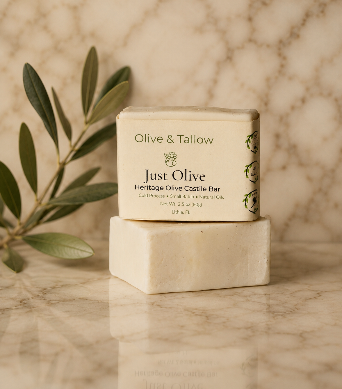 Hand-cut olive oil soap bar resting on kitchen