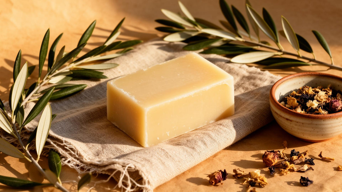 Olive & Tallow handcrafted olive oil and tallow soap bars arranged on a linen surface
