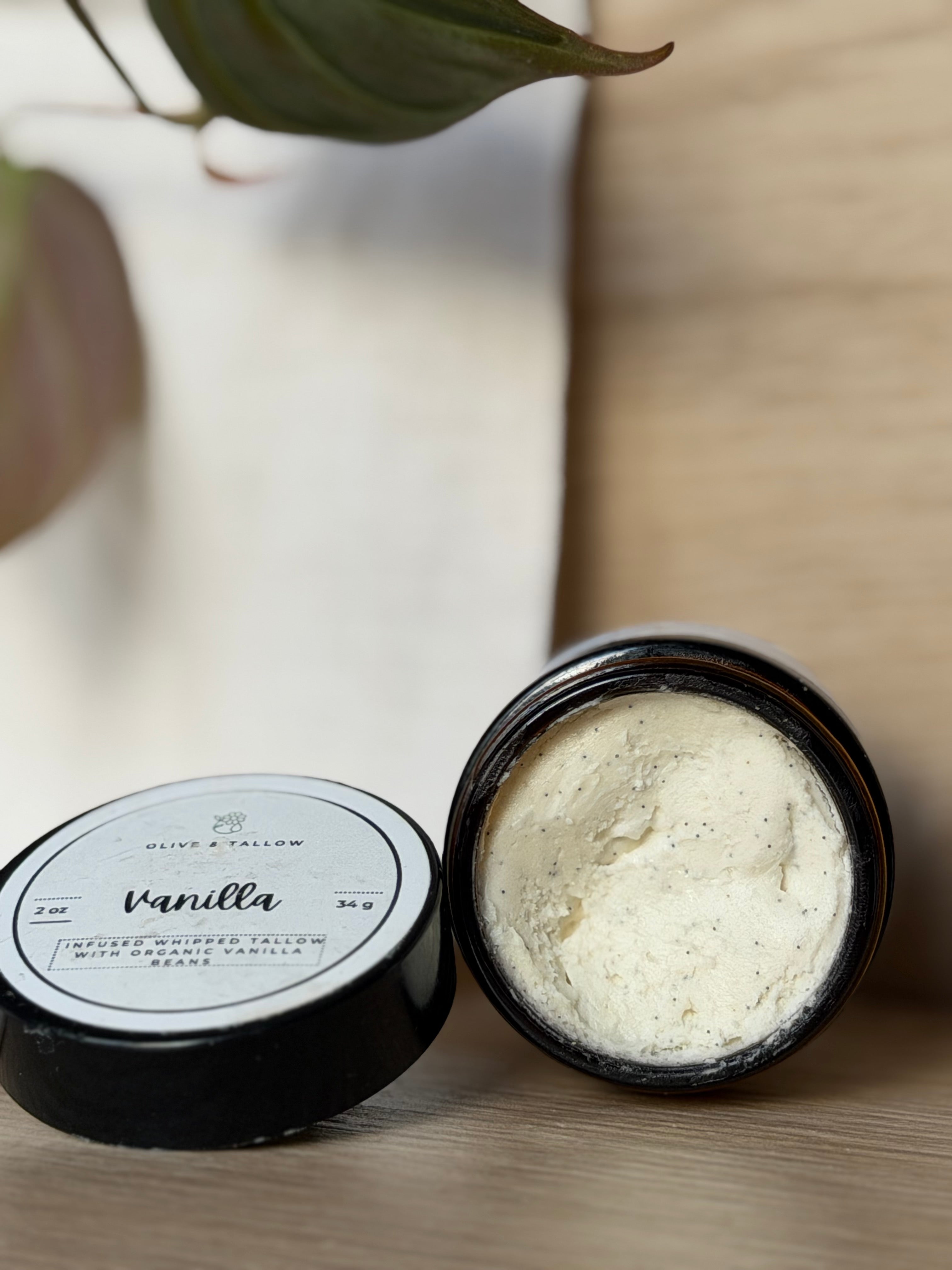 Open jar of vanilla-scented grass-fed tallow balm